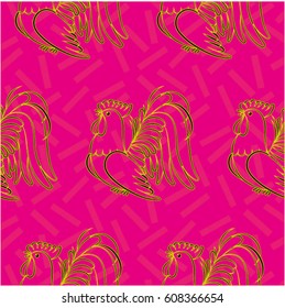 Beautiful colorful rooster. Endless pattern. Background Fantastic Beasts.