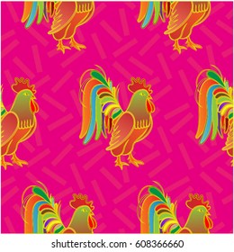 Beautiful colorful rooster. Endless pattern. Background Fantastic Beasts.