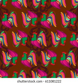 Beautiful colorful rooster. Endless pattern. Background Fantastic Beasts.