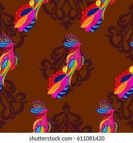 Beautiful colorful rooster. Endless pattern. Background Fantastic Beasts.
