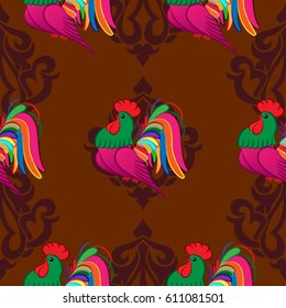 Beautiful colorful rooster. Endless pattern. Background Fantastic Beasts.