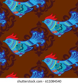 Beautiful colorful rooster. Endless pattern. Background Fantastic Beasts.