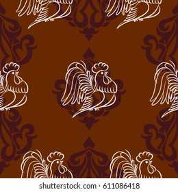 Beautiful colorful rooster. Endless pattern. Background Fantastic Beasts.