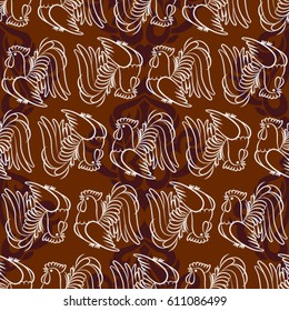 Beautiful colorful rooster. Endless pattern. Background Fantastic Beasts.