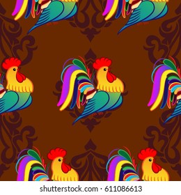 Beautiful colorful rooster. Endless pattern. Background Fantastic Beasts.