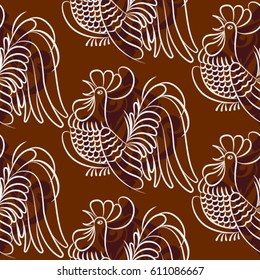 Beautiful colorful rooster. Endless pattern. Background Fantastic Beasts.