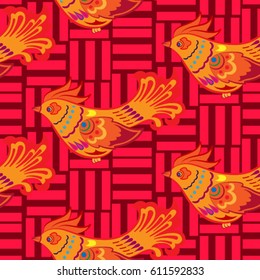 Beautiful colorful rooster. Endless pattern. Background Fantastic Beasts.