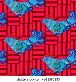 Beautiful colorful rooster. Endless pattern. Background Fantastic Beasts.