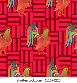 Beautiful colorful rooster. Endless pattern. Background Fantastic Beasts.