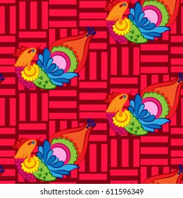 Beautiful colorful rooster. Endless pattern. Background Fantastic Beasts.