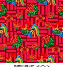 Beautiful colorful rooster. Endless pattern. Background Fantastic Beasts.