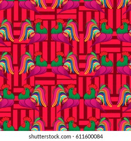 Beautiful colorful rooster. Endless pattern. Background Fantastic Beasts.