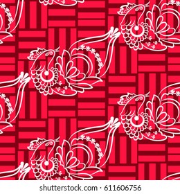 Beautiful colorful rooster. Endless pattern. Background Fantastic Beasts.