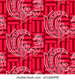 Beautiful colorful rooster. Endless pattern. Background Fantastic Beasts.