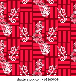 Beautiful colorful rooster. Endless pattern. Background Fantastic Beasts.