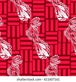 Beautiful colorful rooster. Endless pattern. Background Fantastic Beasts.
