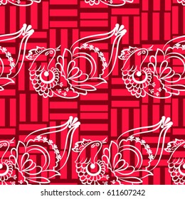 Beautiful colorful rooster. Endless pattern. Background Fantastic Beasts.