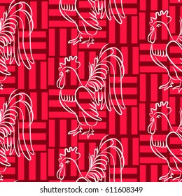 Beautiful colorful rooster. Endless pattern. Background Fantastic Beasts.