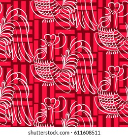 Beautiful colorful rooster. Endless pattern. Background Fantastic Beasts.