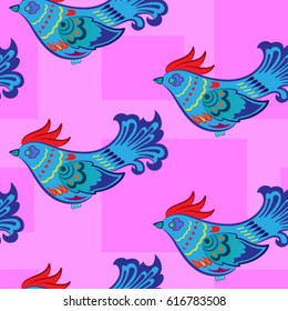 Beautiful colorful rooster. Endless pattern. Background Fantastic Beasts.