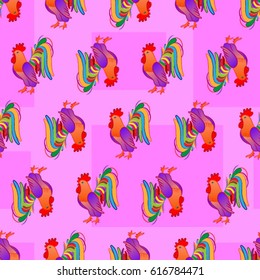Beautiful colorful rooster. Endless pattern. Background Fantastic Beasts.