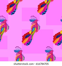 Beautiful colorful rooster. Endless pattern. Background Fantastic Beasts.