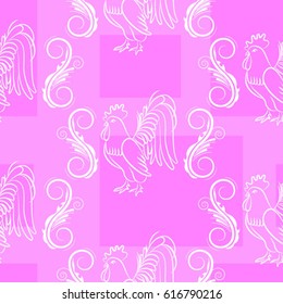 Beautiful colorful rooster. Endless pattern. Background Fantastic Beasts.