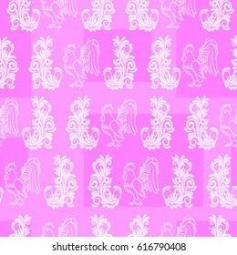 Beautiful colorful rooster. Endless pattern. Background Fantastic Beasts.