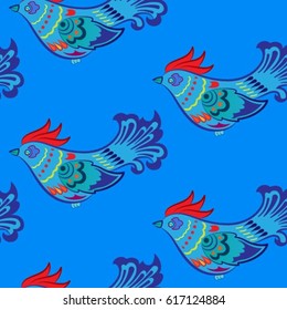 Beautiful colorful rooster. Endless pattern. Background Fantastic Beasts.