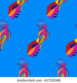 Beautiful colorful rooster. Endless pattern. Background Fantastic Beasts.