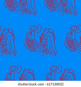 Beautiful colorful rooster. Endless pattern. Background Fantastic Beasts.