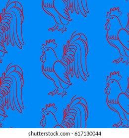 Beautiful colorful rooster. Endless pattern. Background Fantastic Beasts.