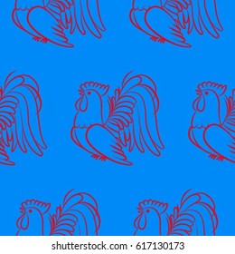 Beautiful colorful rooster. Endless pattern. Background Fantastic Beasts.
