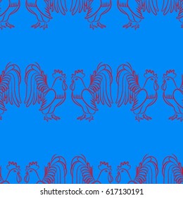 Beautiful colorful rooster. Endless pattern. Background Fantastic Beasts.