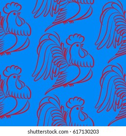 Beautiful colorful rooster. Endless pattern. Background Fantastic Beasts.