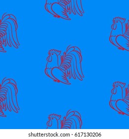 Beautiful colorful rooster. Endless pattern. Background Fantastic Beasts.