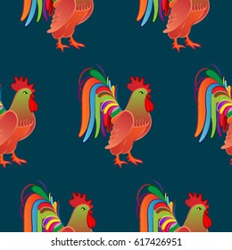 Beautiful colorful rooster. Endless pattern. 
