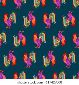 Beautiful colorful rooster. Endless pattern. 