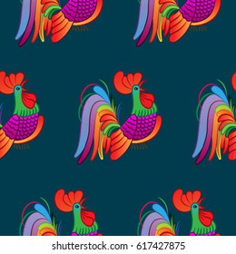 Beautiful colorful rooster. Endless pattern. Background Fantastic Beasts.