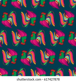 Beautiful colorful rooster. Endless pattern. 