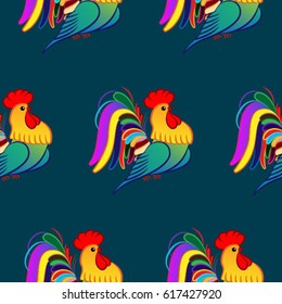 Beautiful colorful rooster. Endless pattern. Background Fantastic Beasts.