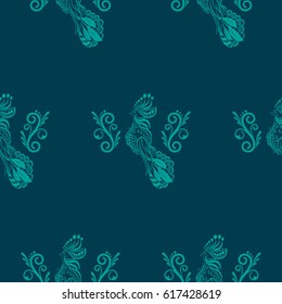 Beautiful colorful rooster. Endless pattern. Background Fantastic Beasts.
