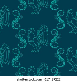 Beautiful colorful rooster. Endless pattern. Background Fantastic Beasts.