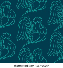 Beautiful colorful rooster. Endless pattern. Background Fantastic Beasts.