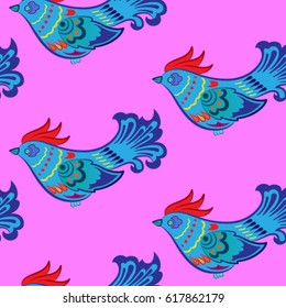 Beautiful colorful rooster. Endless pattern. Background Fantastic Beasts.