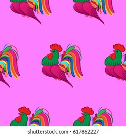 Beautiful colorful rooster. Endless pattern. Background Fantastic Beasts.