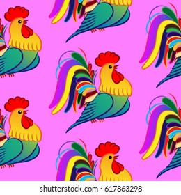 Beautiful colorful rooster. Endless pattern. Background Fantastic Beasts.