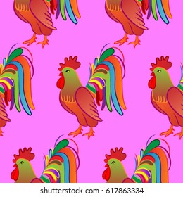 Beautiful colorful rooster. Endless pattern. Background Fantastic Beasts.