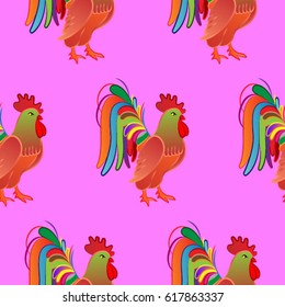 Beautiful colorful rooster. Endless pattern. Background Fantastic Beasts.