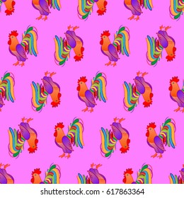 Beautiful colorful rooster. Endless pattern. Background Fantastic Beasts.